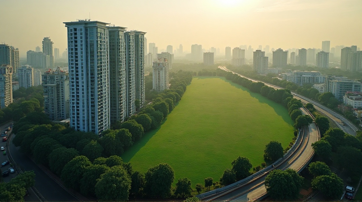 High-rise apartments overlooking a large green park in a city