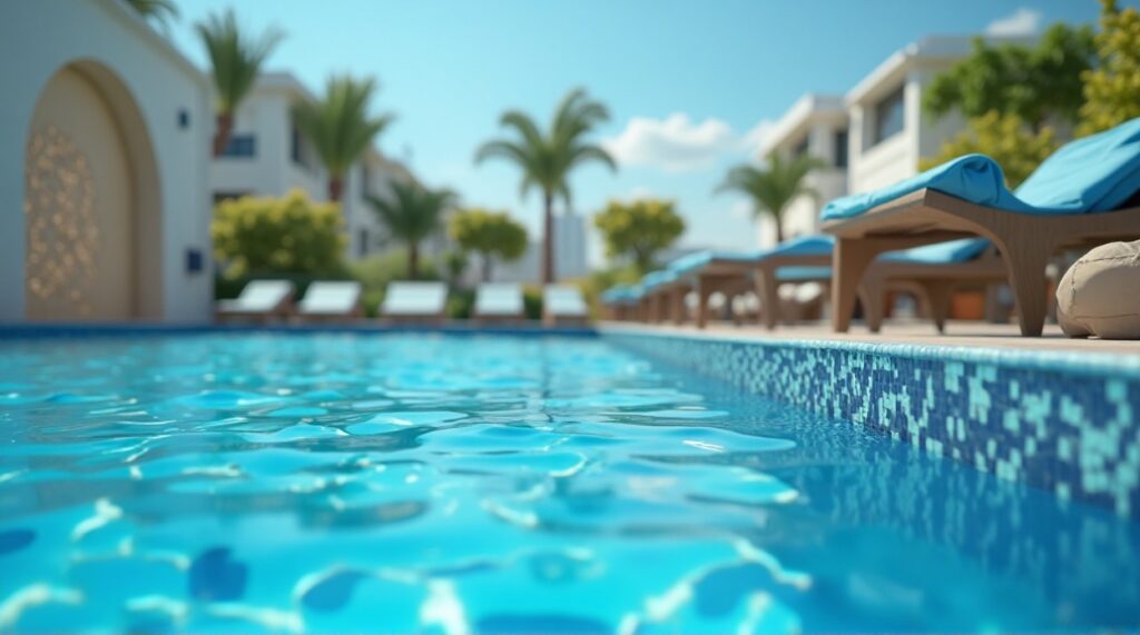 A refreshing pool with blue lounge chairs set against a vibrant blue sky, creating a peaceful outdoor atmosphere