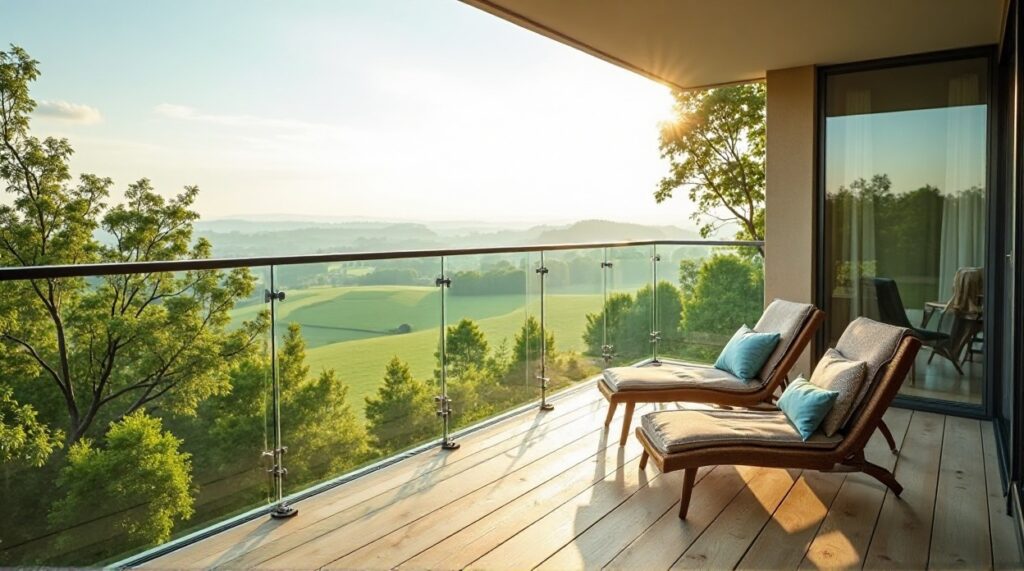 Sunlit corner bedroom with panoramic views of green golf course