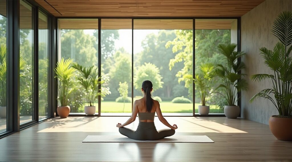 Woman meditating in a bright yoga studio with garden views