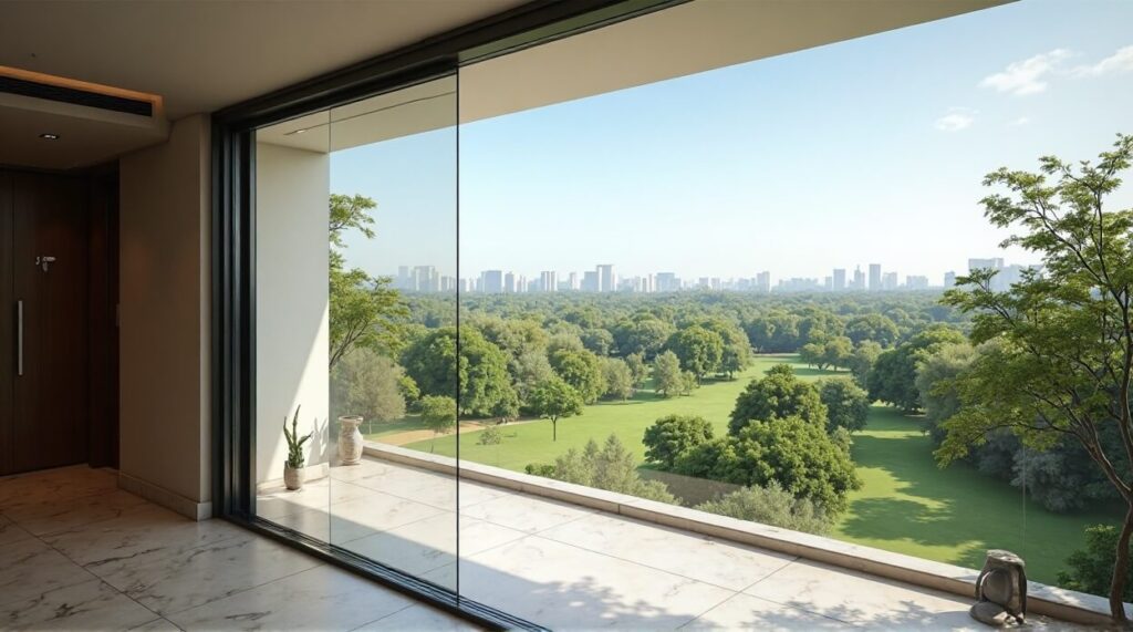 A large glass door provides an expansive view of a beautiful golf course landscape