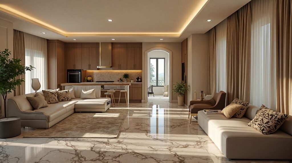 A stylish living room with polished marble floors and light beige walls, offering a modern and sophisticated look.
