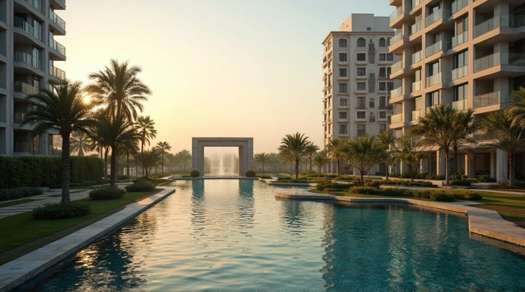 A clear blue pool nestled at the end of a residential complex, bordered by trees and sun loungers for residents.