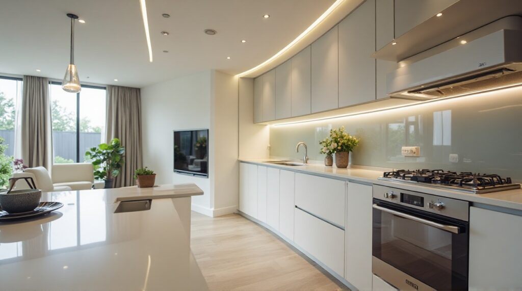 Modern kitchen featuring sleek white cabinets and contemporary appliances, creating a bright and stylish cooking space.