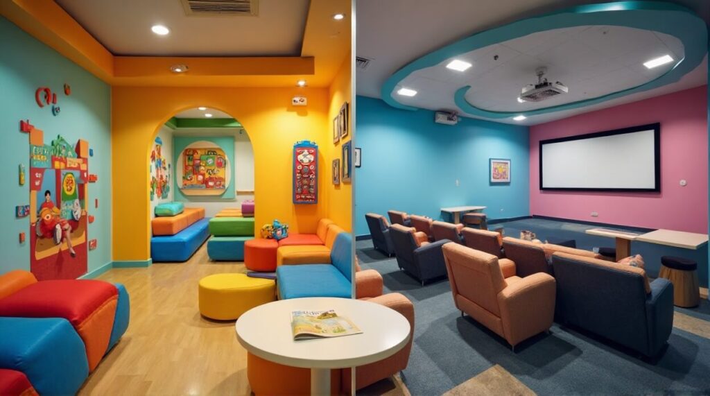 A lively children's room filled with bright, colorful furniture and decor, designed to inspire creativity and fun