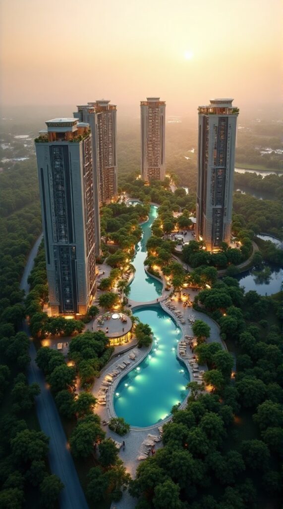 Aerial view of tall residential towers with large central pool, greenery