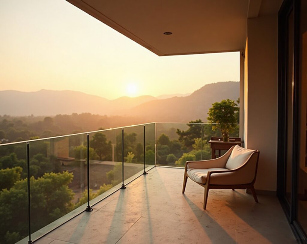 A serene pool area featuring lounge chairs and umbrellas in front of a residential house