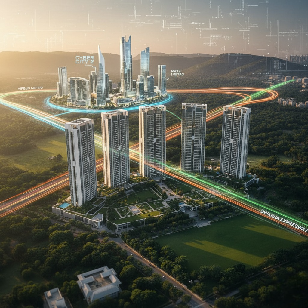 Bird's-eye view of a metropolitan area showcasing a cluster of high-rise buildings and city streets below