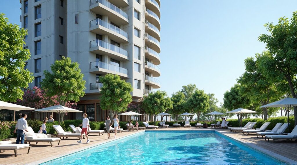 Outdoor swimming pool area next to a curved residential tower.