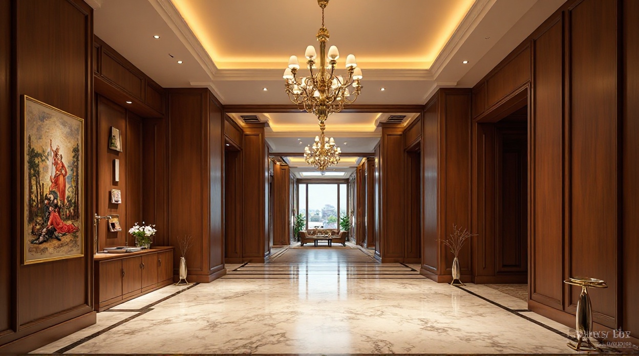 Royal double-height lobby with marble flooring and wood paneling.