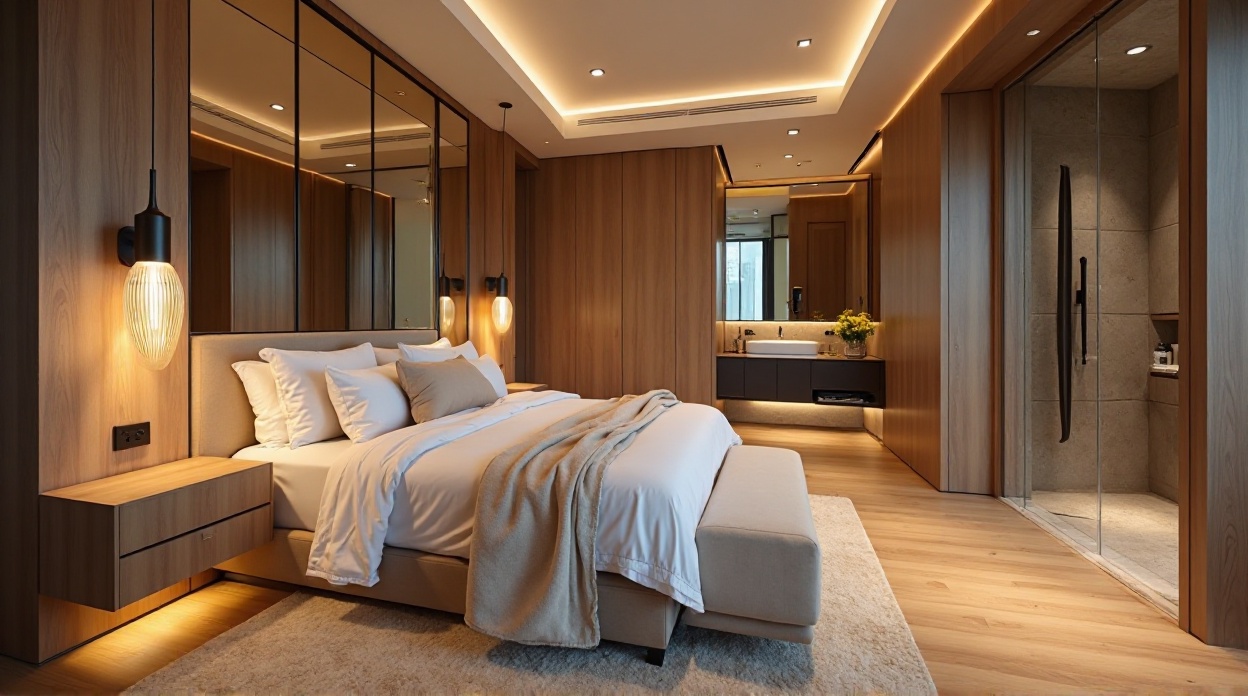 Modern bedroom with wood paneling, mirrors, and large attached bath.