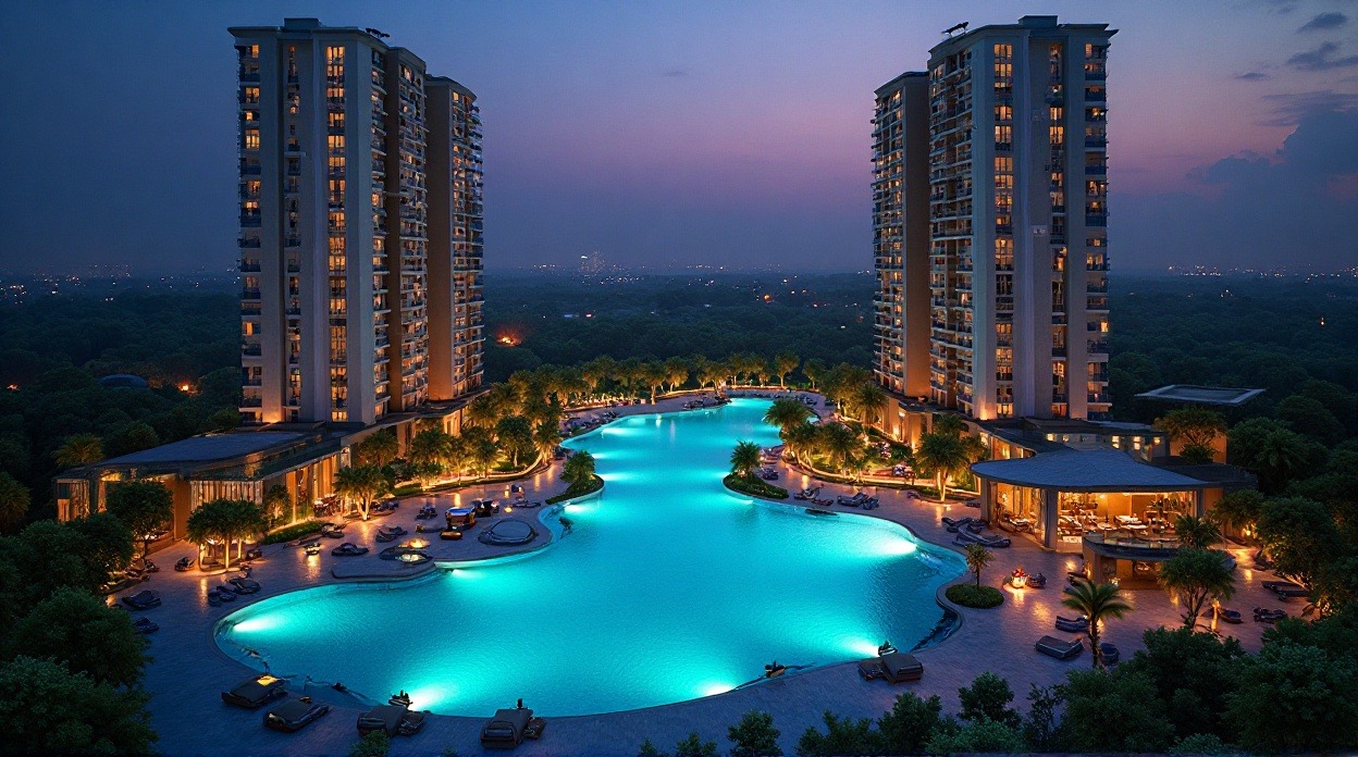 The resort's pool at night, featuring glowing lights and a calm ambiance, perfect for evening relaxation.