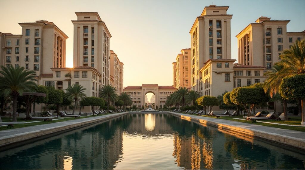 A large pool is situated in front of a modern building, reflecting the clear blue sky above.