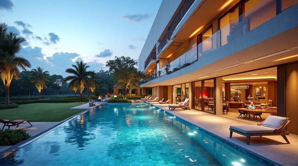 Modern residence showcasing a pool and a comfortable lounge area, ideal for enjoying sunny days outdoors.