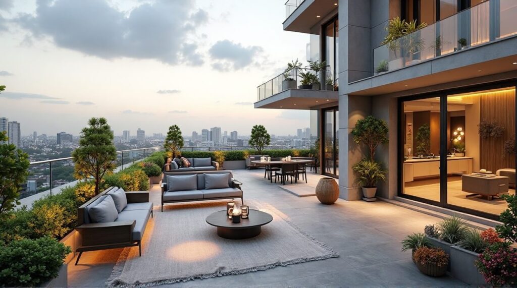 Modern apartment building rooftop terrace with stylish seating and panoramic views of the surrounding cityscape.