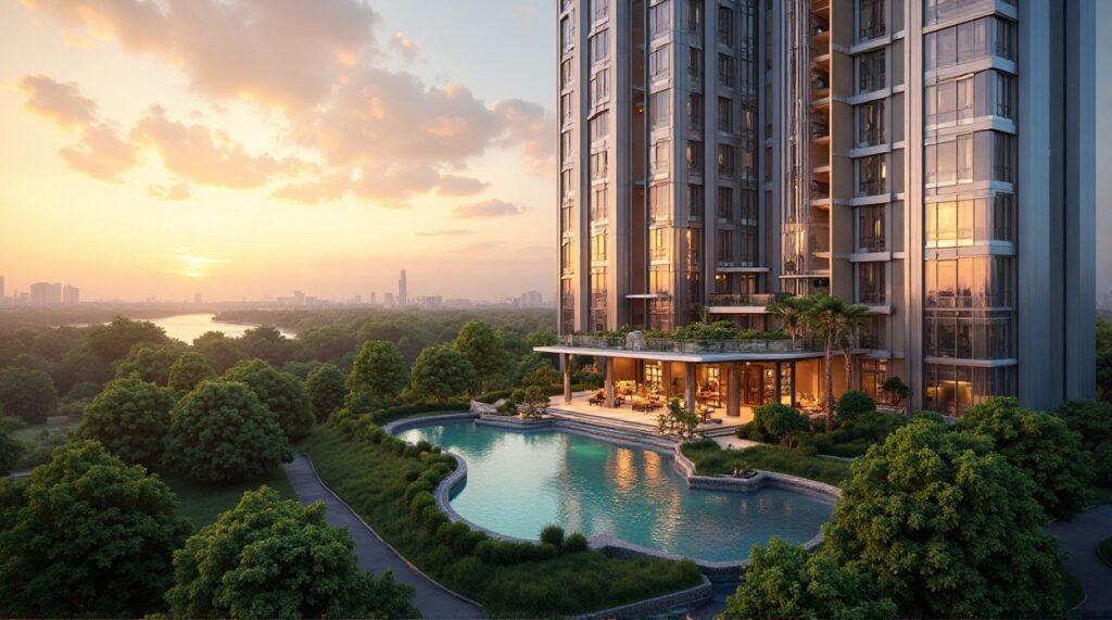 Luxury high-rise with infinity pool, lush trees, city skyline at sunset