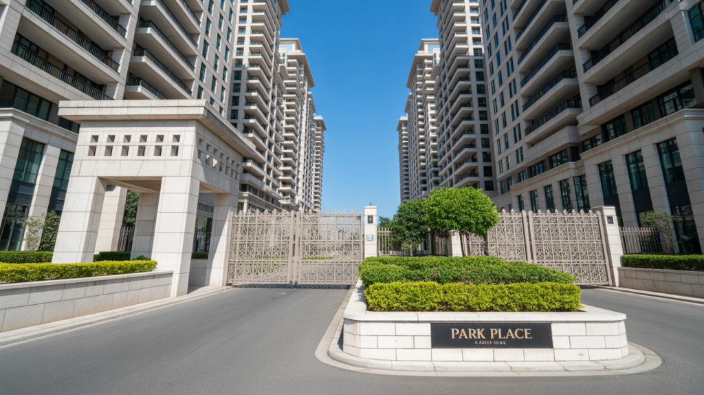 The entrance gate of a residential building located in a bustling city environment, showcasing urban living