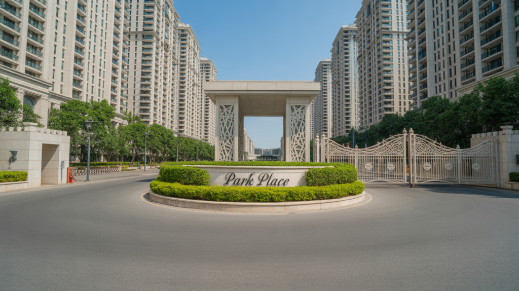 An expansive gate in front of a large building emphasizes the entrance and architectural significance of the site