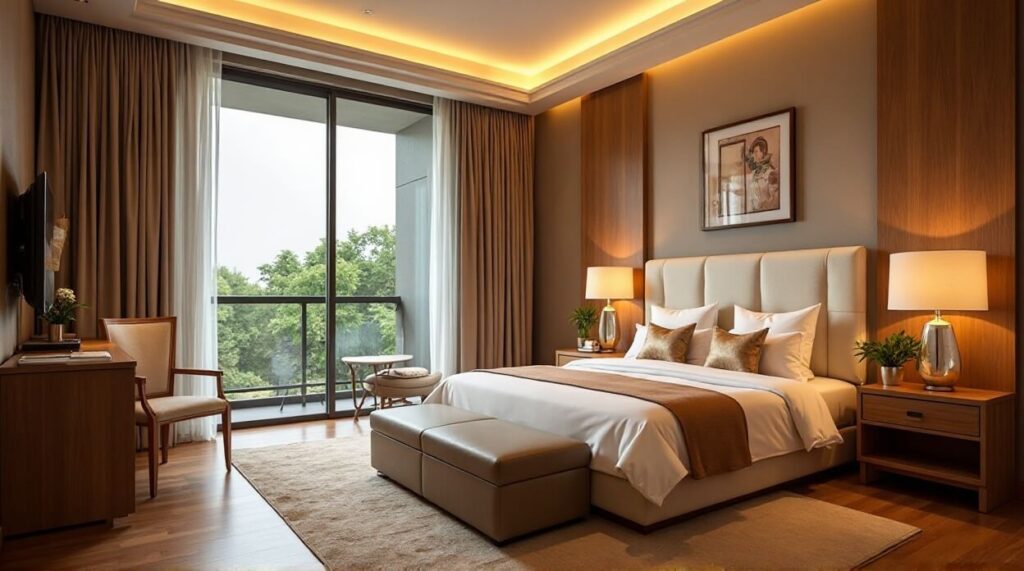A modern bedroom featuring a large bed and a spacious window allowing natural light to fill the room
