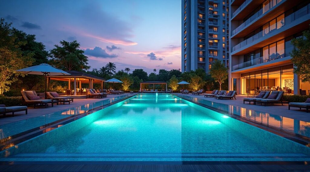 The DLF Ultima's elegant pool, framed by palm trees and stylish seating, perfect for relaxation and leisure.