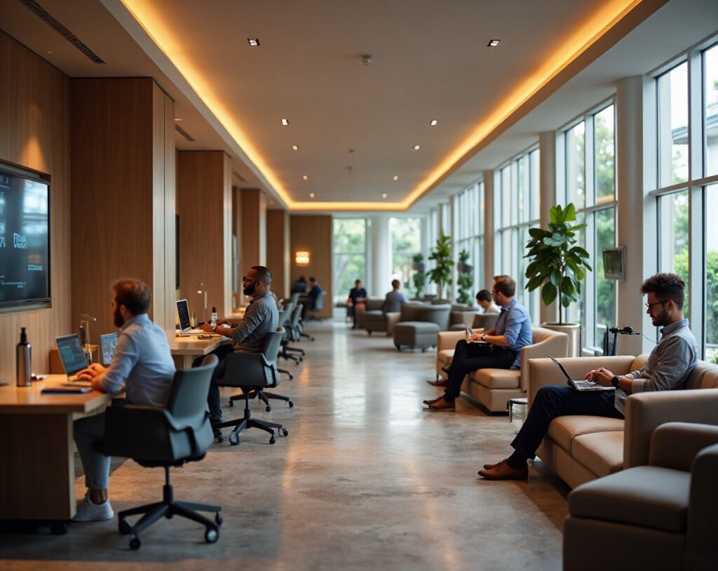 Office scene with people working at desks, natural light streaming through large windows