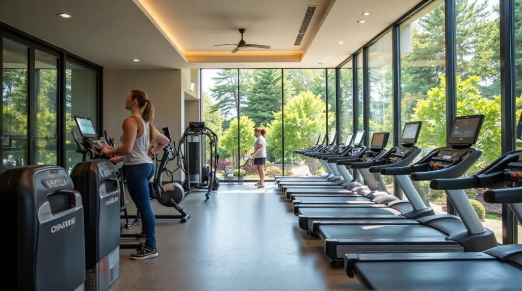 A woman exercises on a treadmill in a gym, focused on her workout amidst fitness equipment