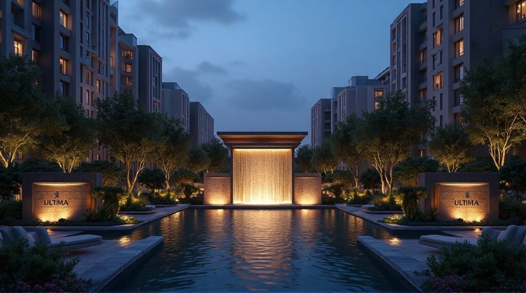 Night view of a fountain in a residential neighborhood, with gentle water flow and ambient lighting enhancing the scene.