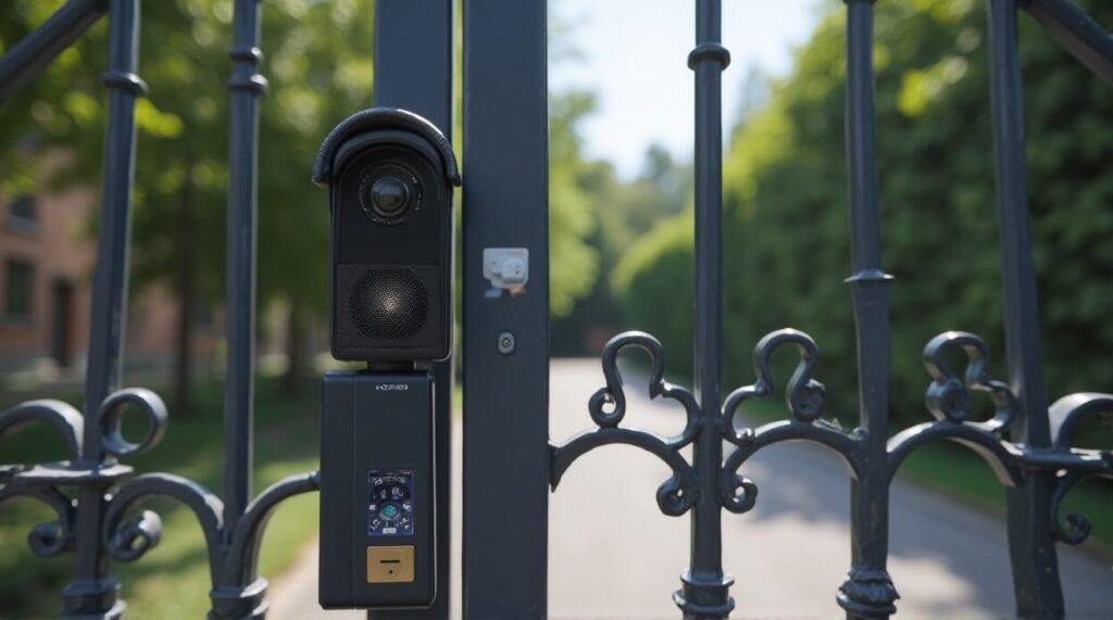 Detailed view of a gate with a security camera attached, highlighting its role in monitoring and safety