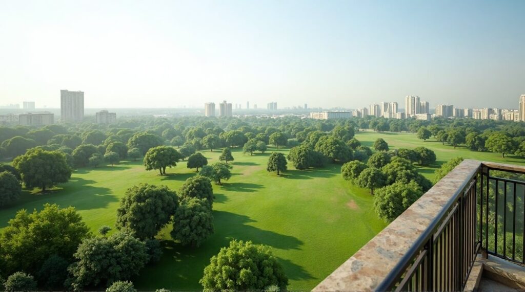 View from a balcony overlooking a lush green park with trees under a clear blue sky