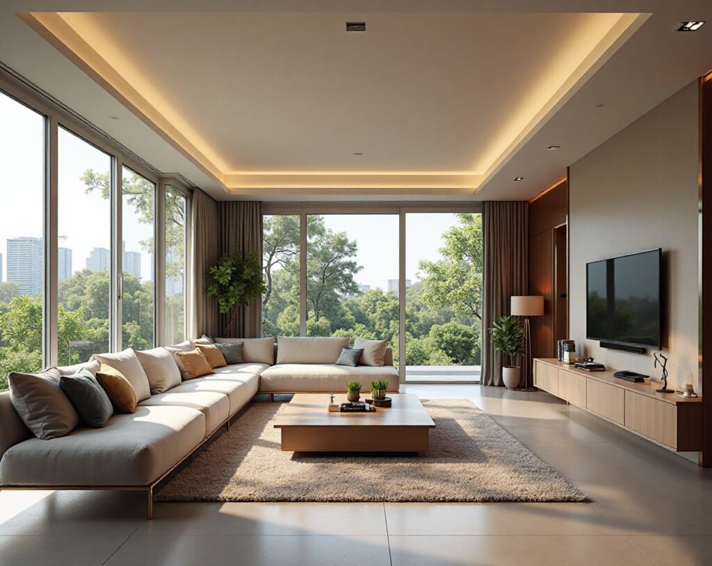 Bright, open living room with large windows overlooking a green park