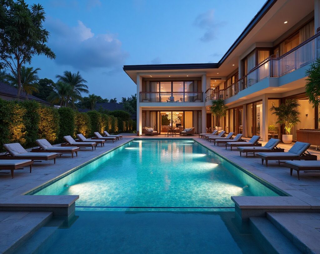 Elegant villa exterior at dusk with a large illuminated swimming pool