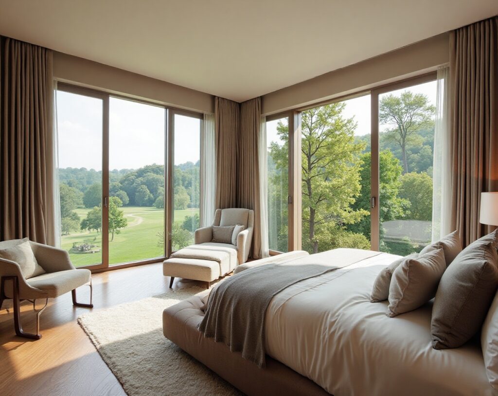 Spacious bedroom with panoramic green landscape views, natural light