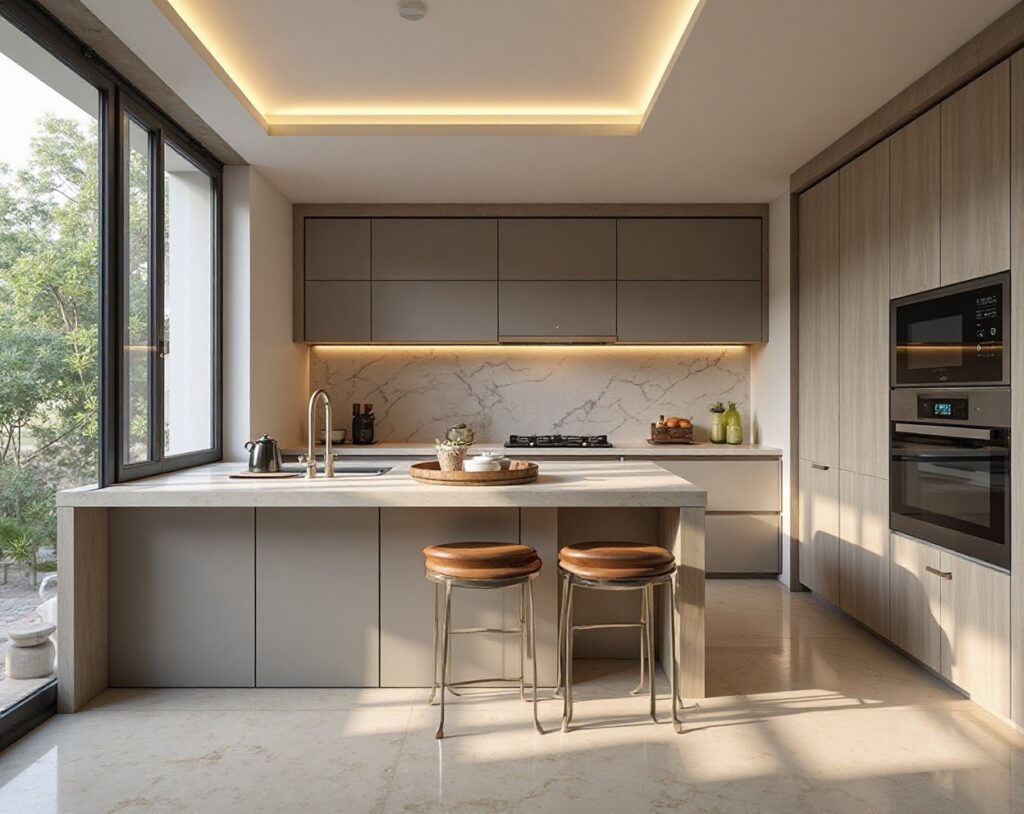 Contemporary kitchen with sleek design, marble accents, and appliances