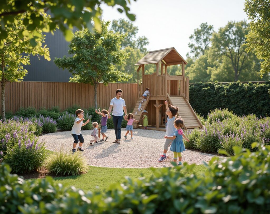 Children playing on a modern playground in a secure, green garden