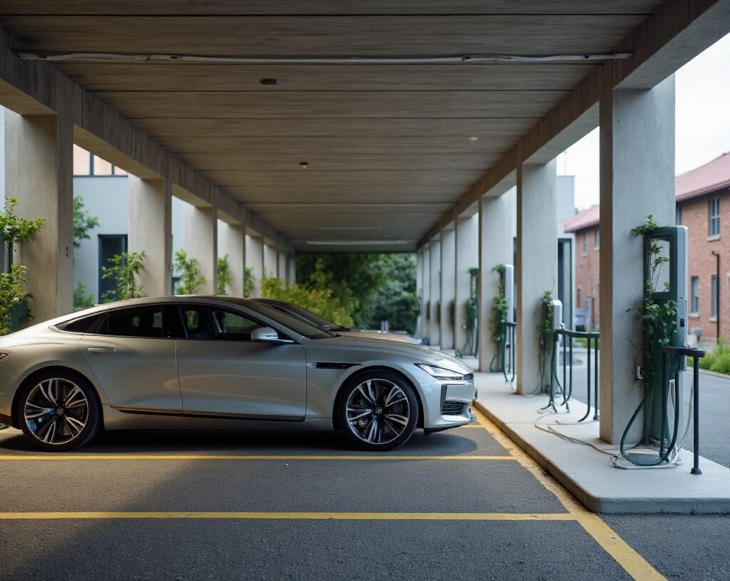 Modern silver car parked at covered EV charging stations