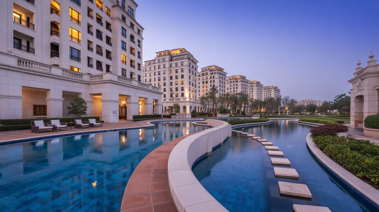 A large pool situated in front of a stylish building, featuring crystal-clear water and a relaxing atmosphere.