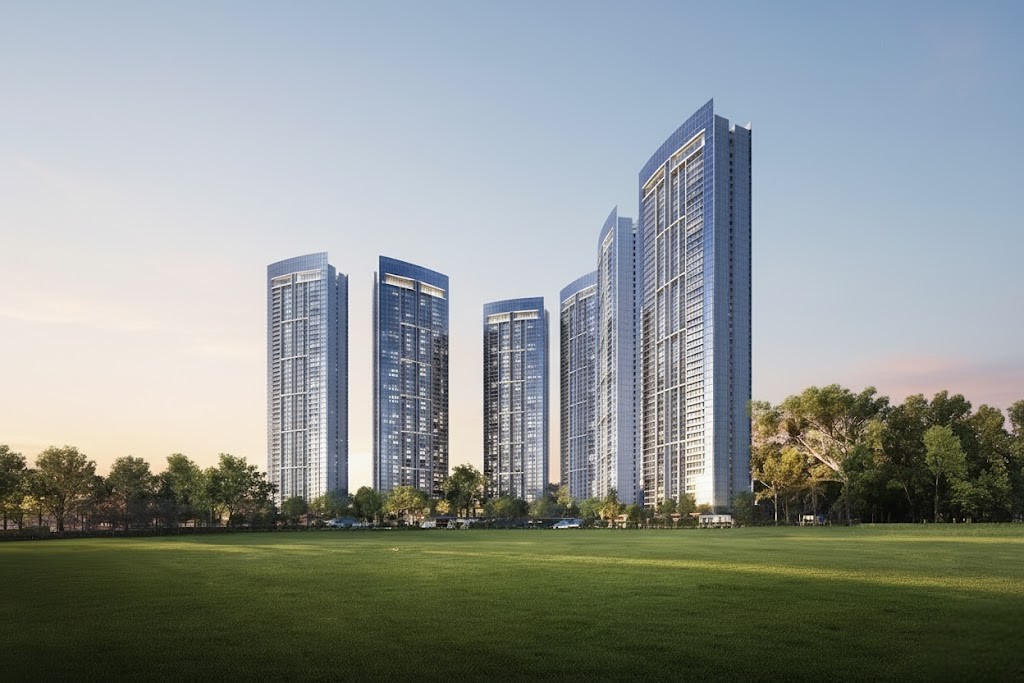 Modern high-rise residential towers next to a green field at sunset.
