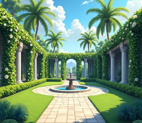 DLF Alameda courtyard with fountain, palms, and greenery under a sunny sky.