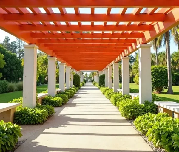 Vibrant walkway with a red pergola covered in greenery at DLF Alameda, flanked by lush lawns and palm trees under a bright blue sky.