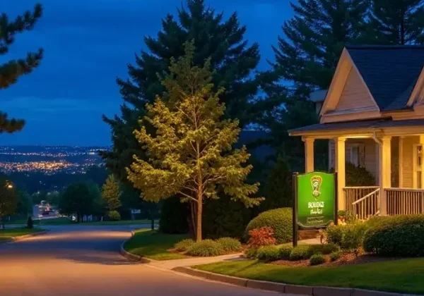 Evening view of DLF Alameda, Sector 73, Gurgaon, featuring a well-lit house with a porch, green sign, tall trees, and a city skyline in the background.