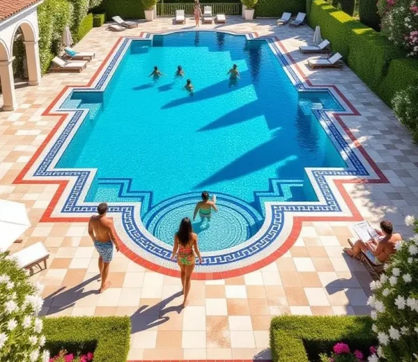Luxurious DLF Alameda pool area with clear blue water, ornate tile design, people swimming and relaxing, surrounded by greenery under sunny sky.