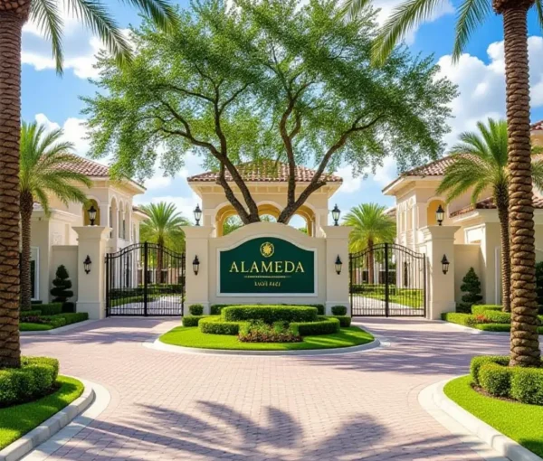 Beautiful Alameda entrance with palm trees, manicured hedges, paved path, and ornate gate under a blue sky.